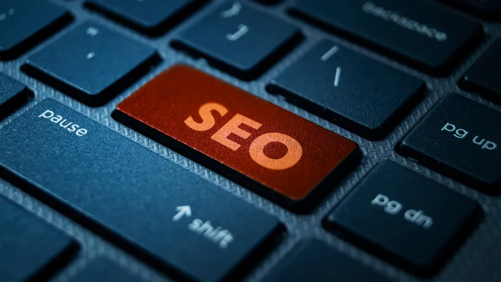 A close-up of a keyboard with an SEO button, highlighting digital strategies for coaches.