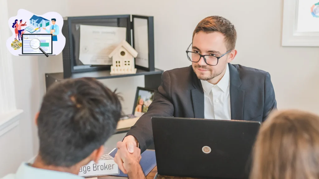 Mortgage broker shaking hands with clients, discussing SEO-driven online strategies in a bright office setting.