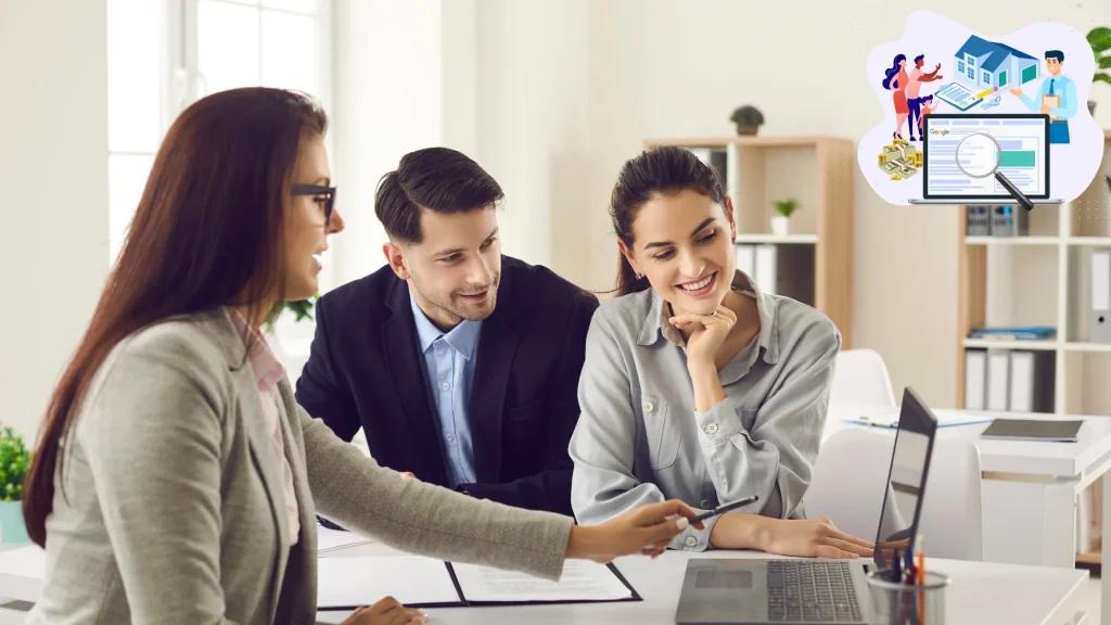 Team discussing SEO strategies for mortgage brokers in a modern office with a laptop and a digital illustration.