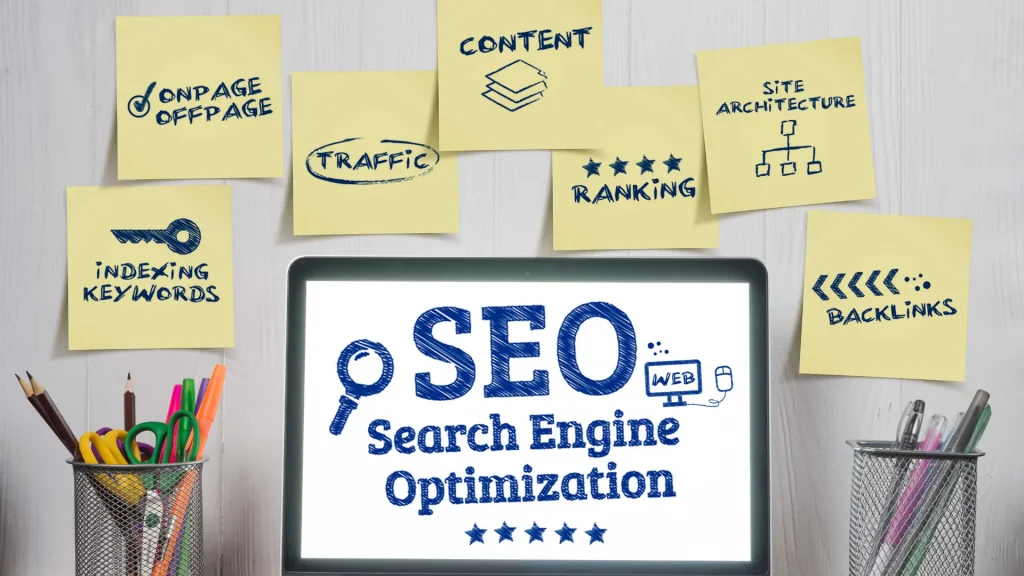 Key aspects of custom CMS SEO migration shown through sticky notes and SEO terms