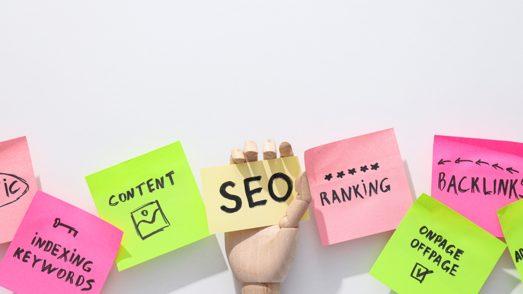SEO for lawyers Houston highlighted in post-it notes, emphasizing key factors like ranking, backlinks, and content