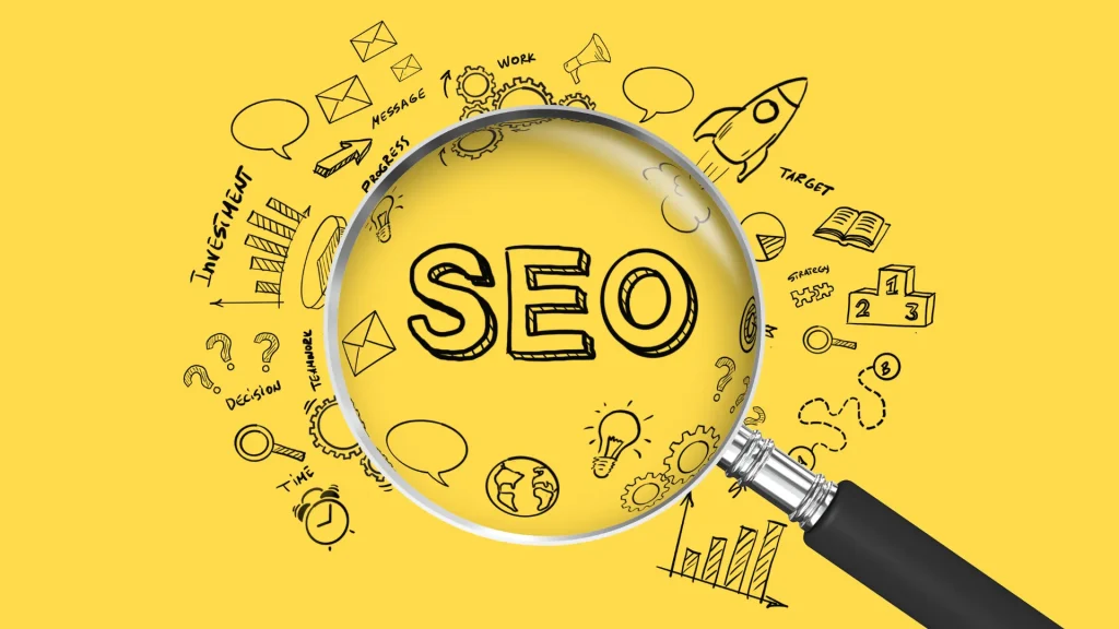 A magnifying glass focuses on SEO for vacation rentals, emphasizing the importance of optimization strategies