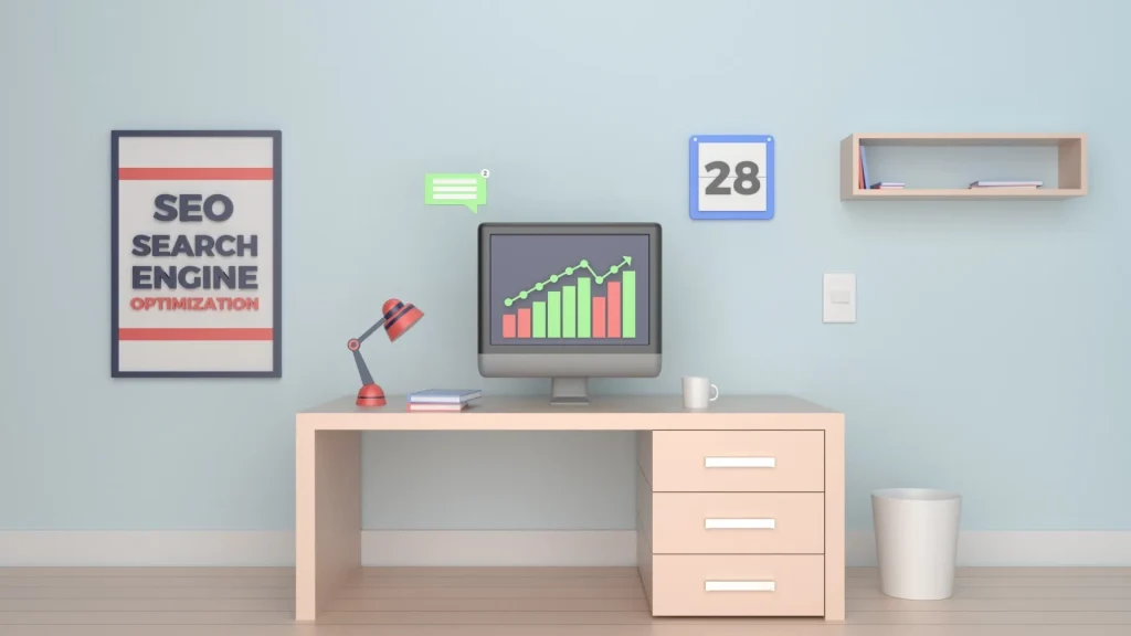A desk setup showing a computer monitor with SEO growth for restaurant businesses