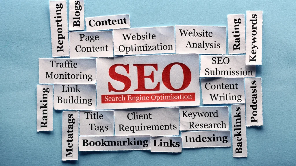 SEO services for restaurant with newspaper clippings detailing different SEO strategies
