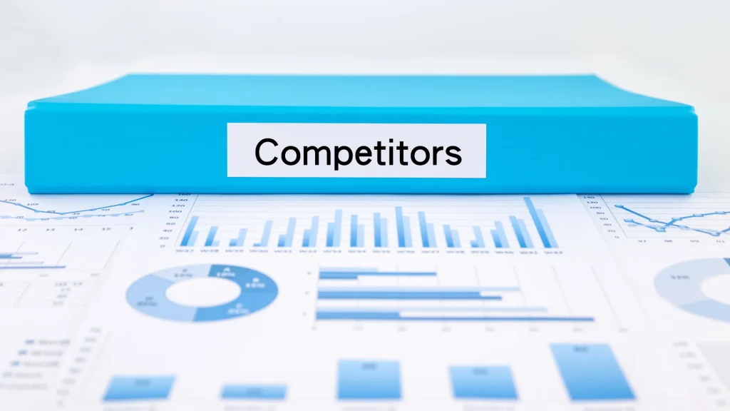 Blue binder labeled "Competitors" on analytics charts, highlighting the use of an SEO Competitor Analysis Report Template.