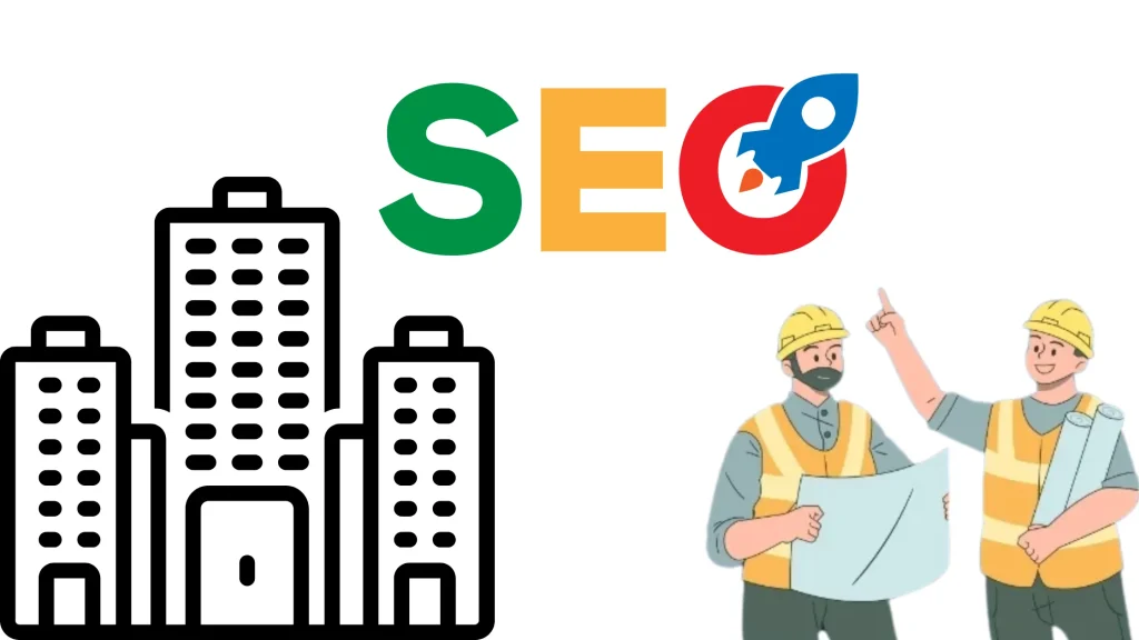 Construction workers reviewing blueprints next to skyscraper icons with colorful "SEO" text featuring a rocket symbol.