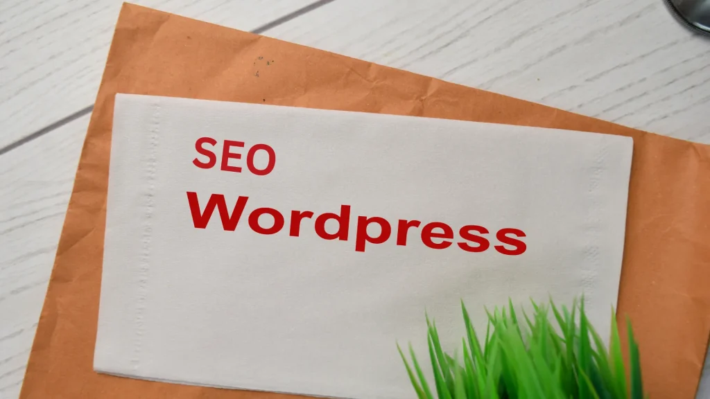 A white envelope with "SEO WordPress" in red text, representing agence SEO WordPress strategies.