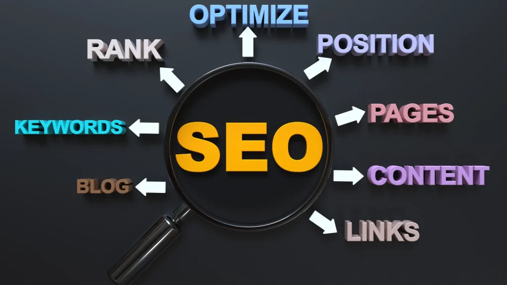 Magnifying glass highlighting SEO factors like keywords, rank, and content, representing services offered by SEO Companies in Reading.